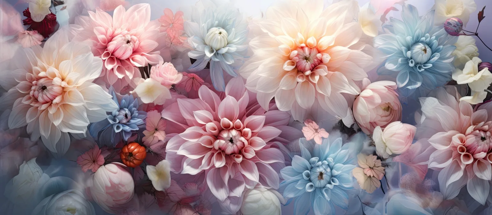 Farbenfrohe Blütenpracht in Rosa, Blau, Orange und Weiß – Dahlien und Rosen