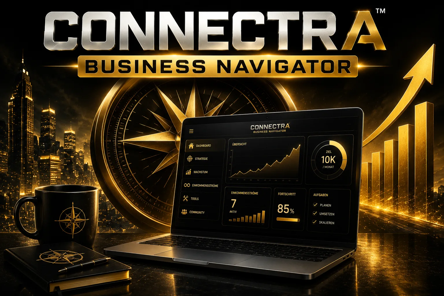 Connectra Business Navigator Laptop-Mockup mit Dashboard-Ansicht, Kompass, Becher und Gold-Akzenten