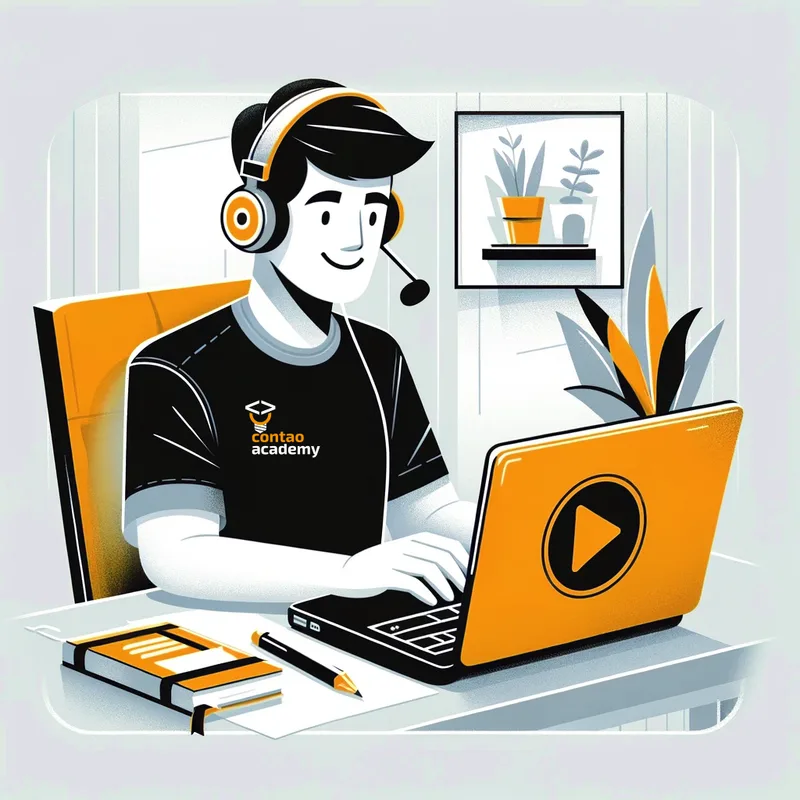 Illustration: Mann mit Kopfhörern und Contao Academy Shirt sitzt am Orange-Laptop mit Play-Symbol