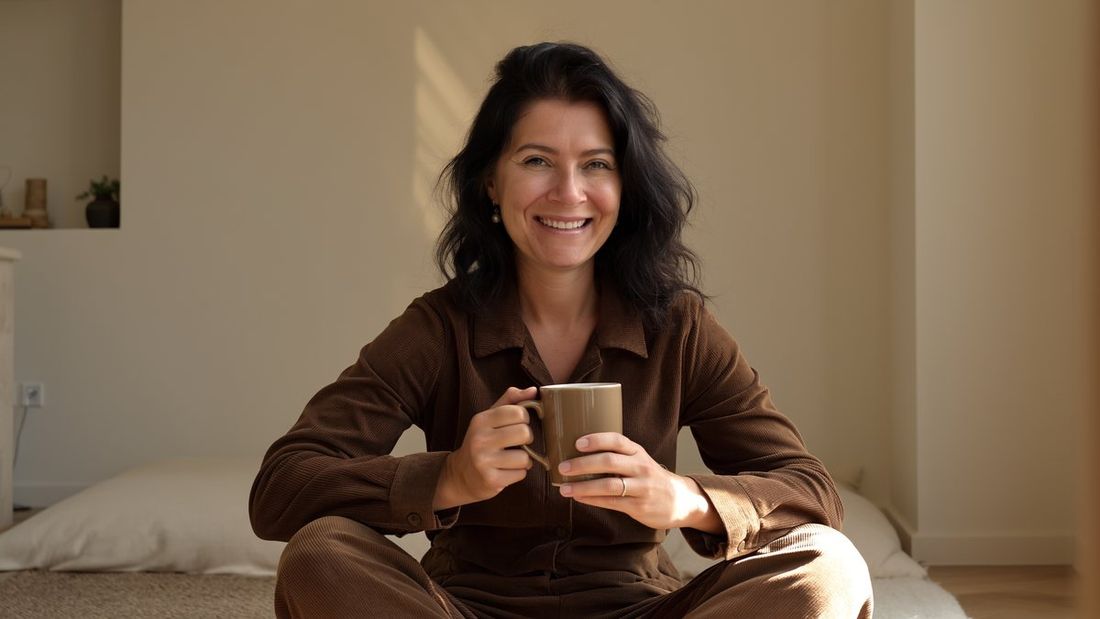 Frau in braunem Anzug sitzt auf Bett und hält Tasse, lächelt in die Kamera, helles Zimmer