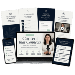 Mockup des Kurses Content that Connects mit Workbook, Prompt Templates, Video-Anleitung und vier AI-Assistenten auf weißem Hi