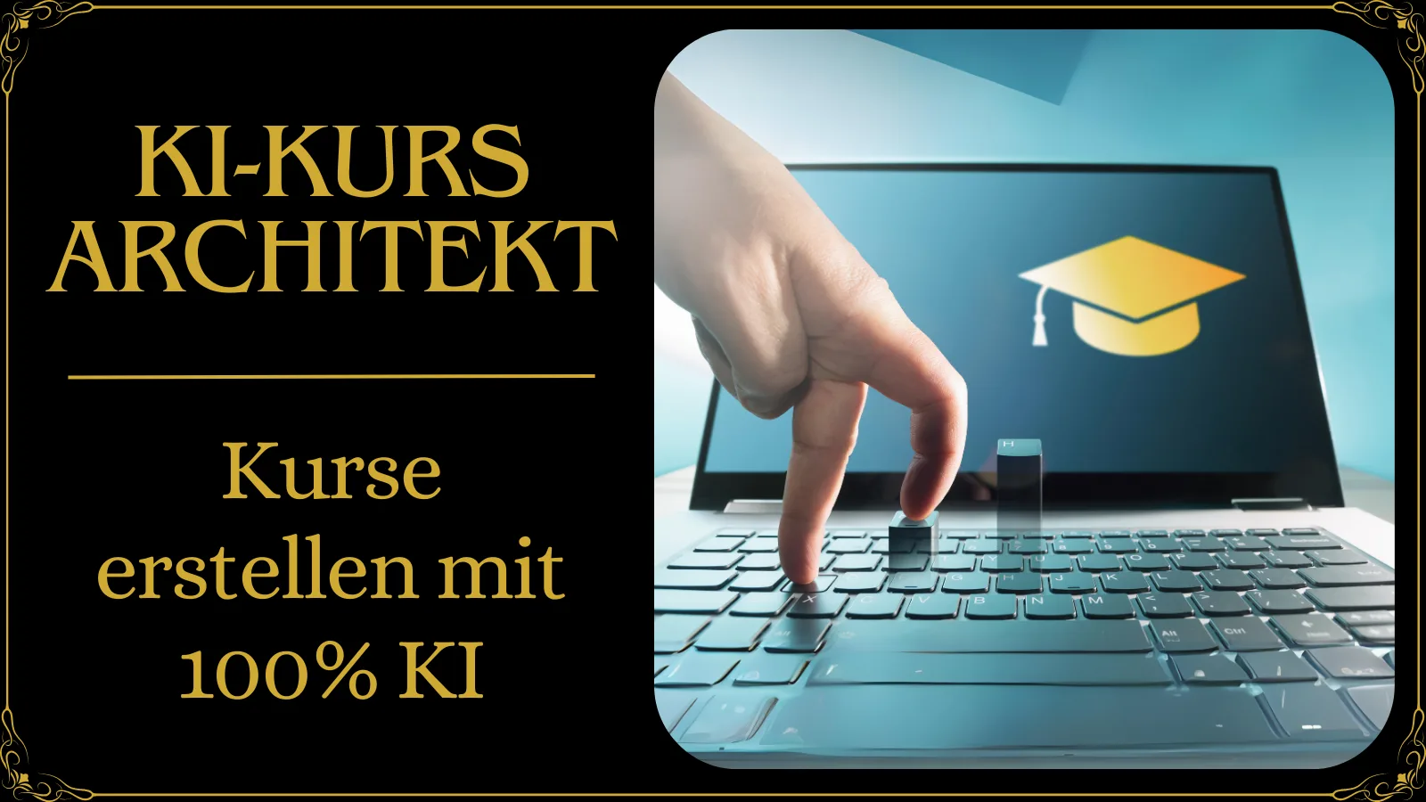 KI-Kurs Architekt mit Hand auf Laptop-Tastatur und Hut-Symbol für digitale Bildung