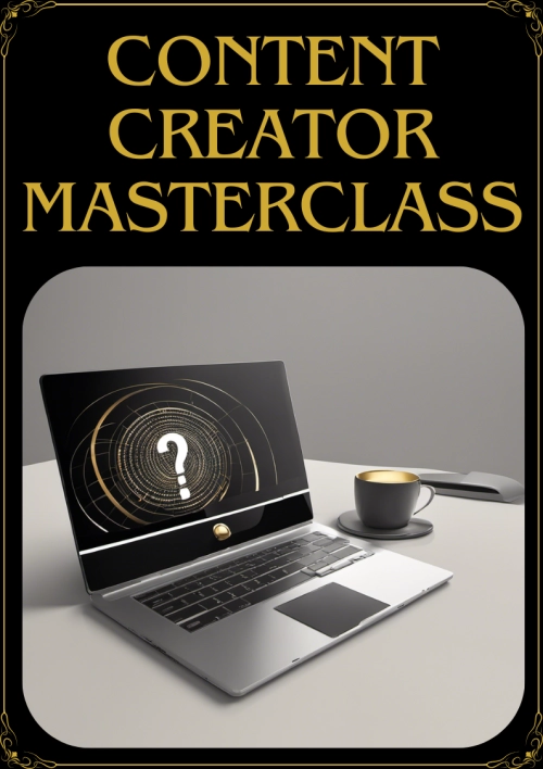 Content Creator Masterclass Cover mit Laptop und Fragezeichen-Symbol auf schwarzem Hintergrund