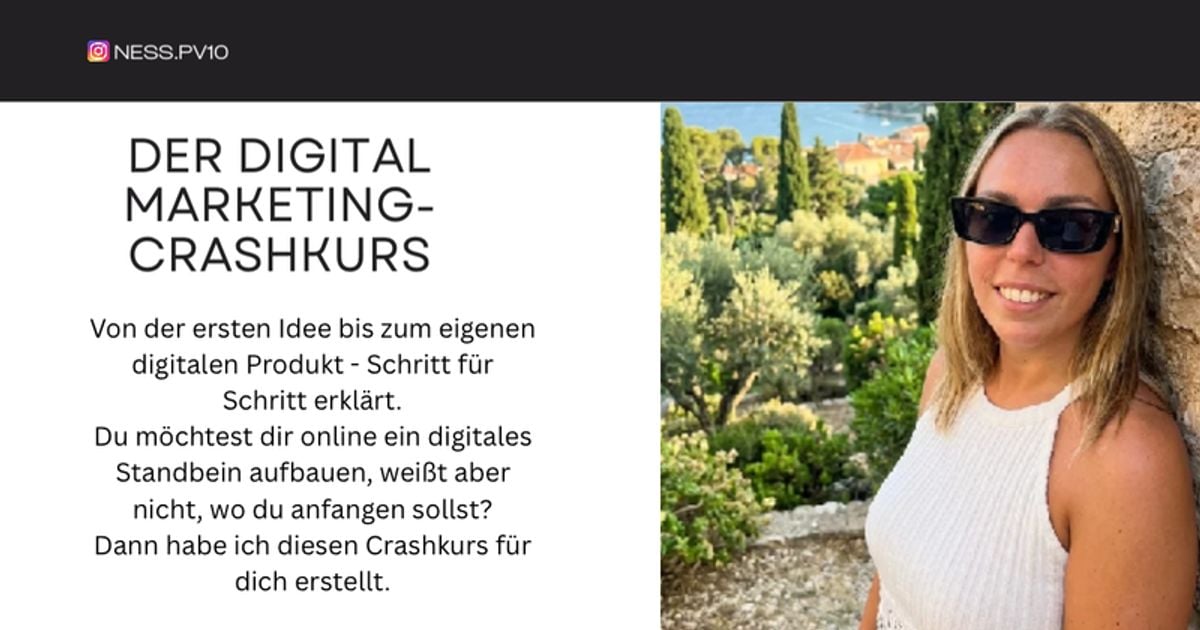 Hero-Banner Der Digitale Marketing-Crashkurs mit Frau in weißem Top vor mediterraner Landschaft