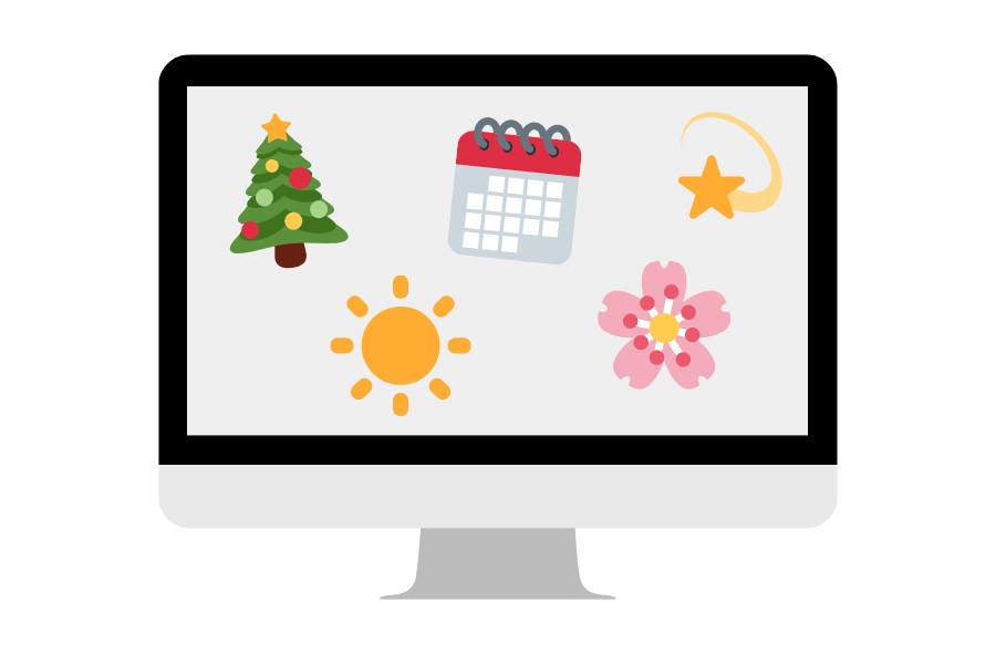 Monitor mit saisonalen Icons: Weihnachtsbaum, Kalender, Stern, Sonne, Blume