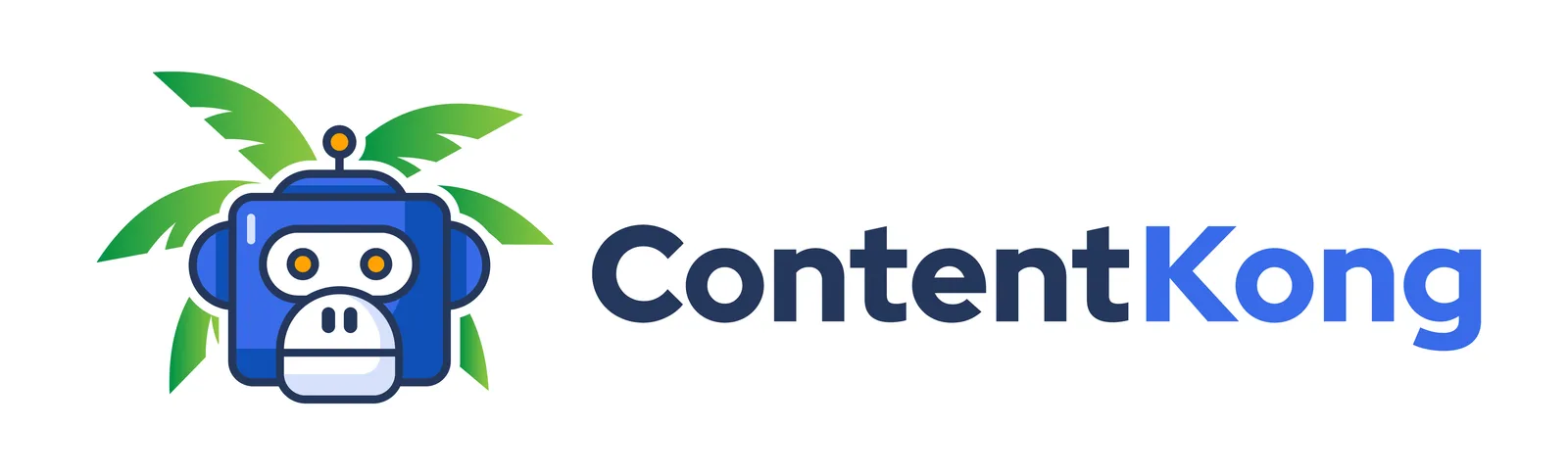Content Kong Logo mit Roboter-Mascot, grünen Flügeln und blauem Kopf, horizontales Format