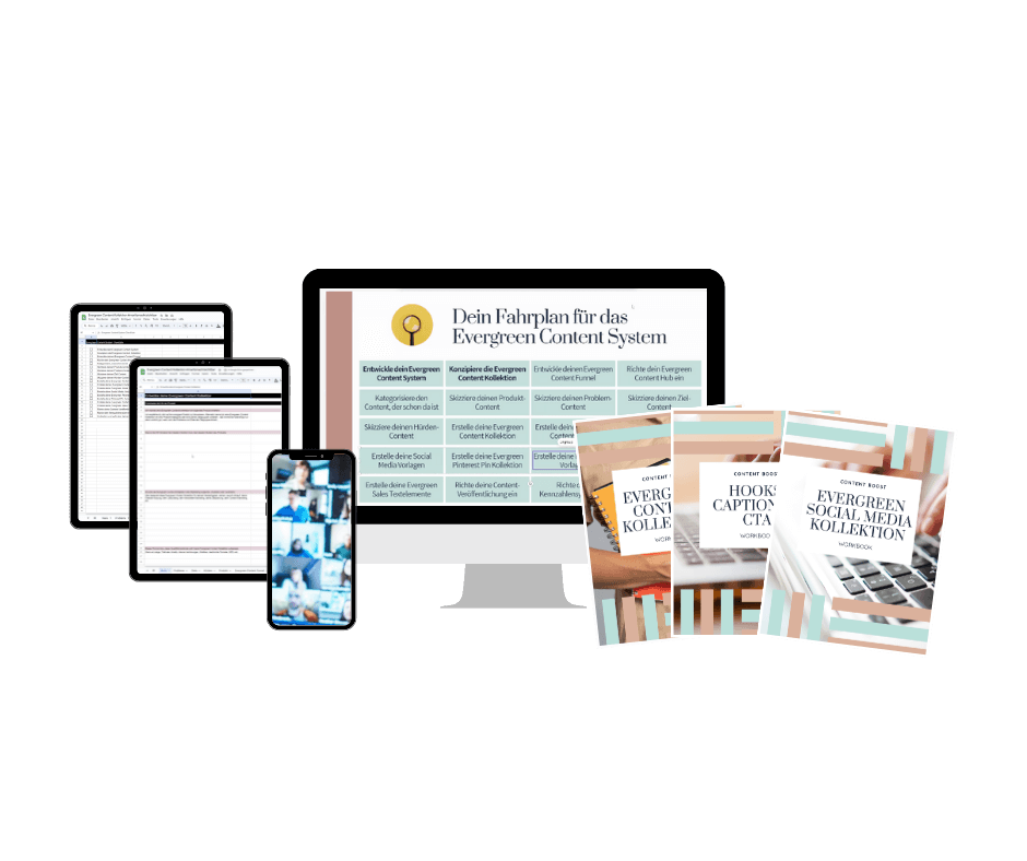 Contentboost Mockup mit Laptop, Tablet, Smartphone und Vorlagen für Evergreen Content System