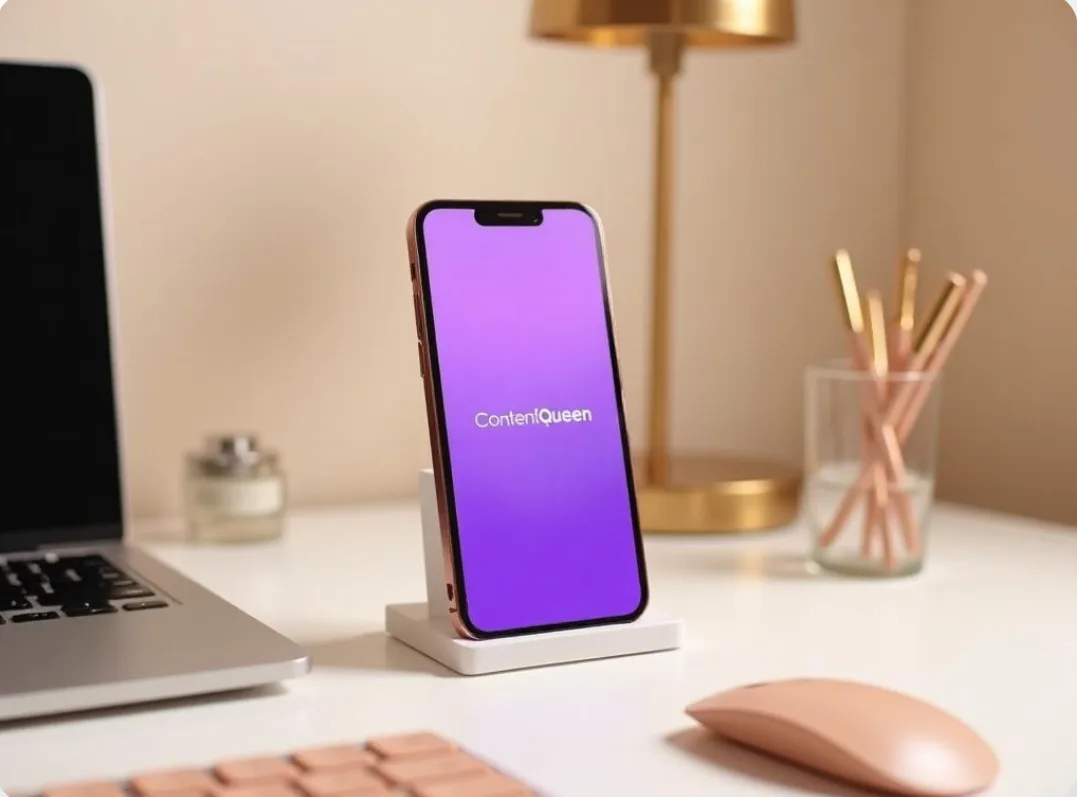 ContentQueen App auf Smartphone-Display in modernem Büro-Ambiente mit Laptop und Schreibtisch-Accessoires