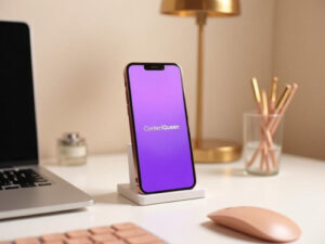 ContentQueen App auf iPhone Display im modernen Büro-Setup mit Schreibtisch-Zubehör