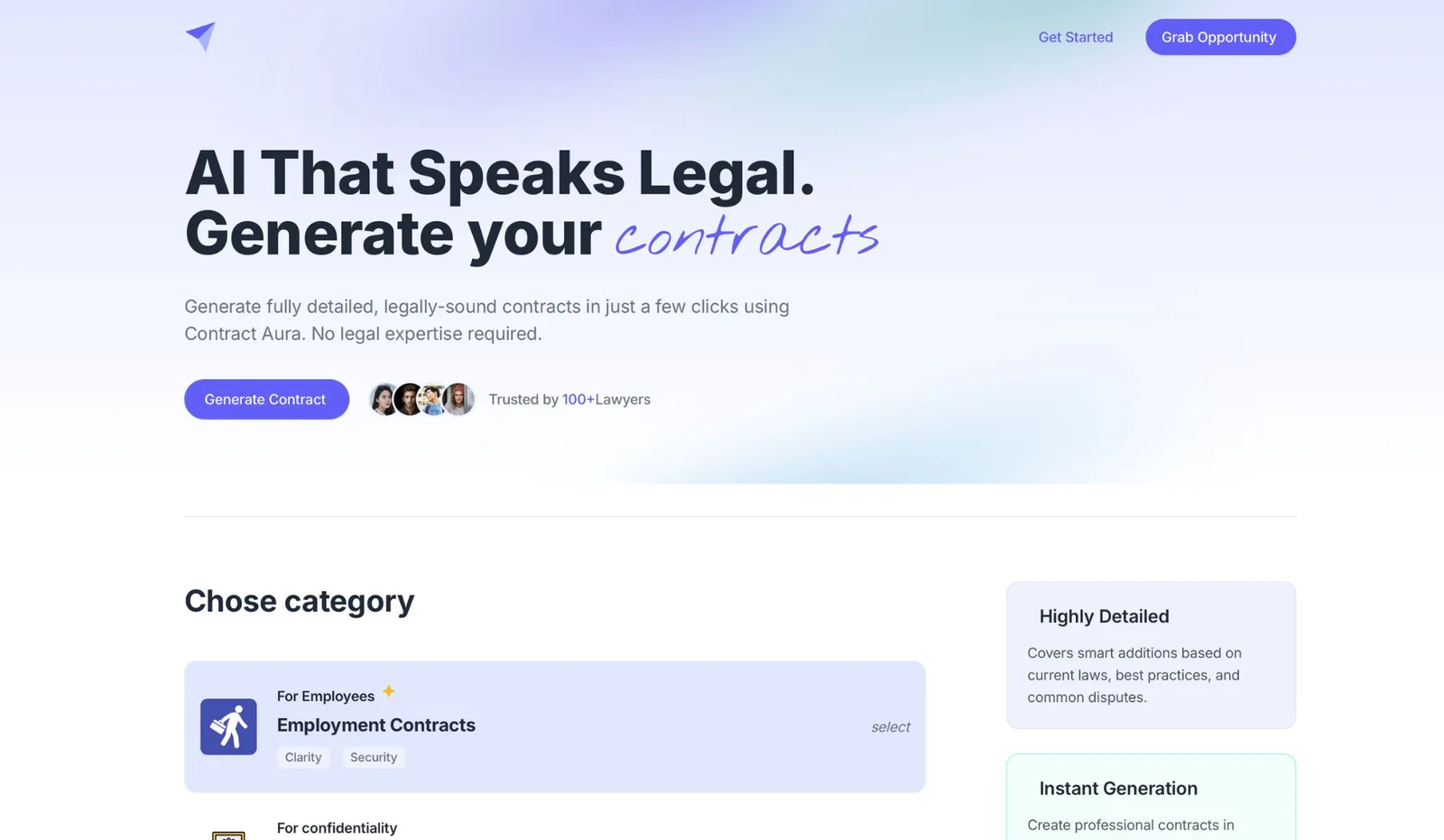 Contract Aura Hero-Section mit Headline 'AI That Speaks Legal. Generate your contracts' und Call-to-Action Buttons auf Farbve