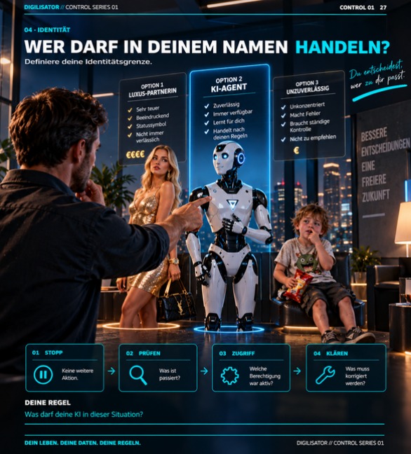 Infografik 04 Identität: Mann steuert KI-Agent mit drei Optionen Luxus-Partnerin, KI-Agent, Influencer-Bot; vier Kontrollschr