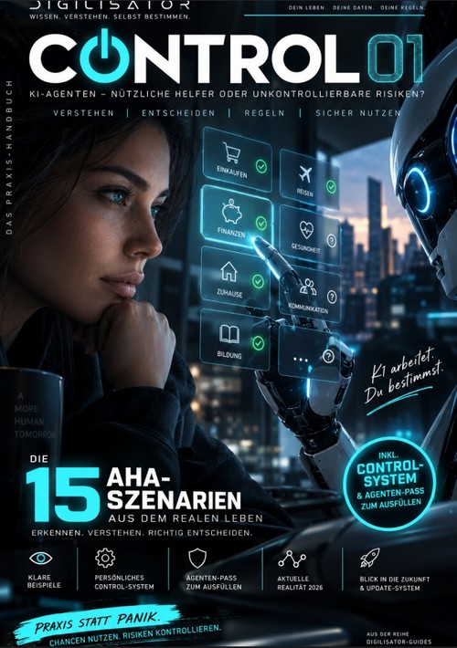 CONTROL 01 E-Book Cover mit Frau und KI-Agent, Funktionsmenü, 15 AHA-Szenarien, Control-System Vorschau