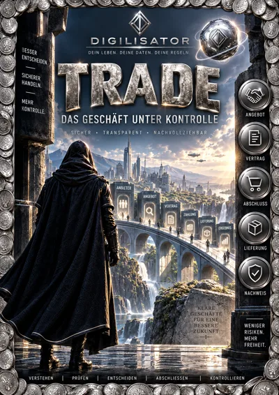Cover TRADE 04 Workbook mit Figur vor Stadtlandschaft, silber-graue Ästhetik