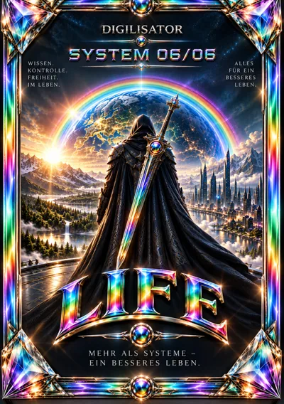 Cover LIFE 06 Workbook mit Figur, Schwert und regenbogenfarbigen Energierahmen