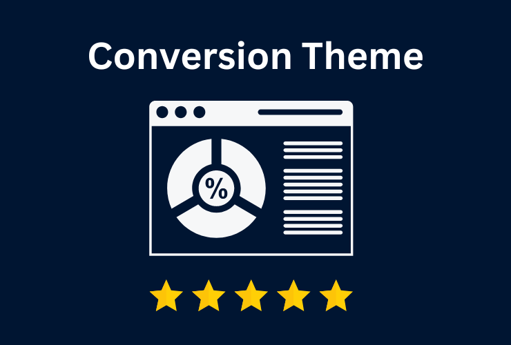 Conversion Theme Hero-Grafik mit Pie-Chart-Icon und 5-Sterne-Bewertung auf dunklem Hintergrund