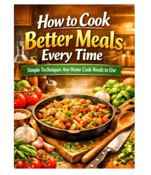 E-Book Cover How to Cook Better Meals Every Time mit Pfanne, Gemüse und Kochumgebung
