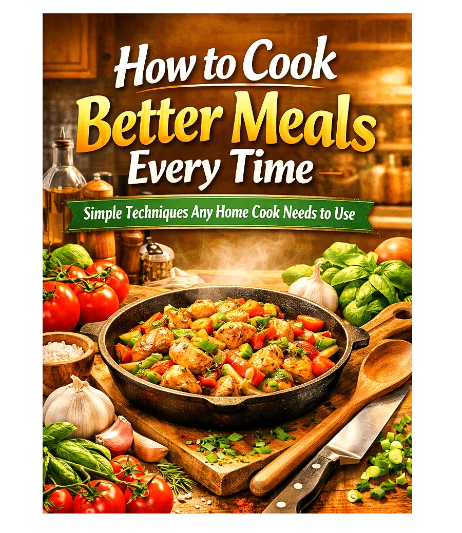 E-Book Cover How to Cook Better Meals Every Time mit Pfanne, Gemüse und Kochumgebung