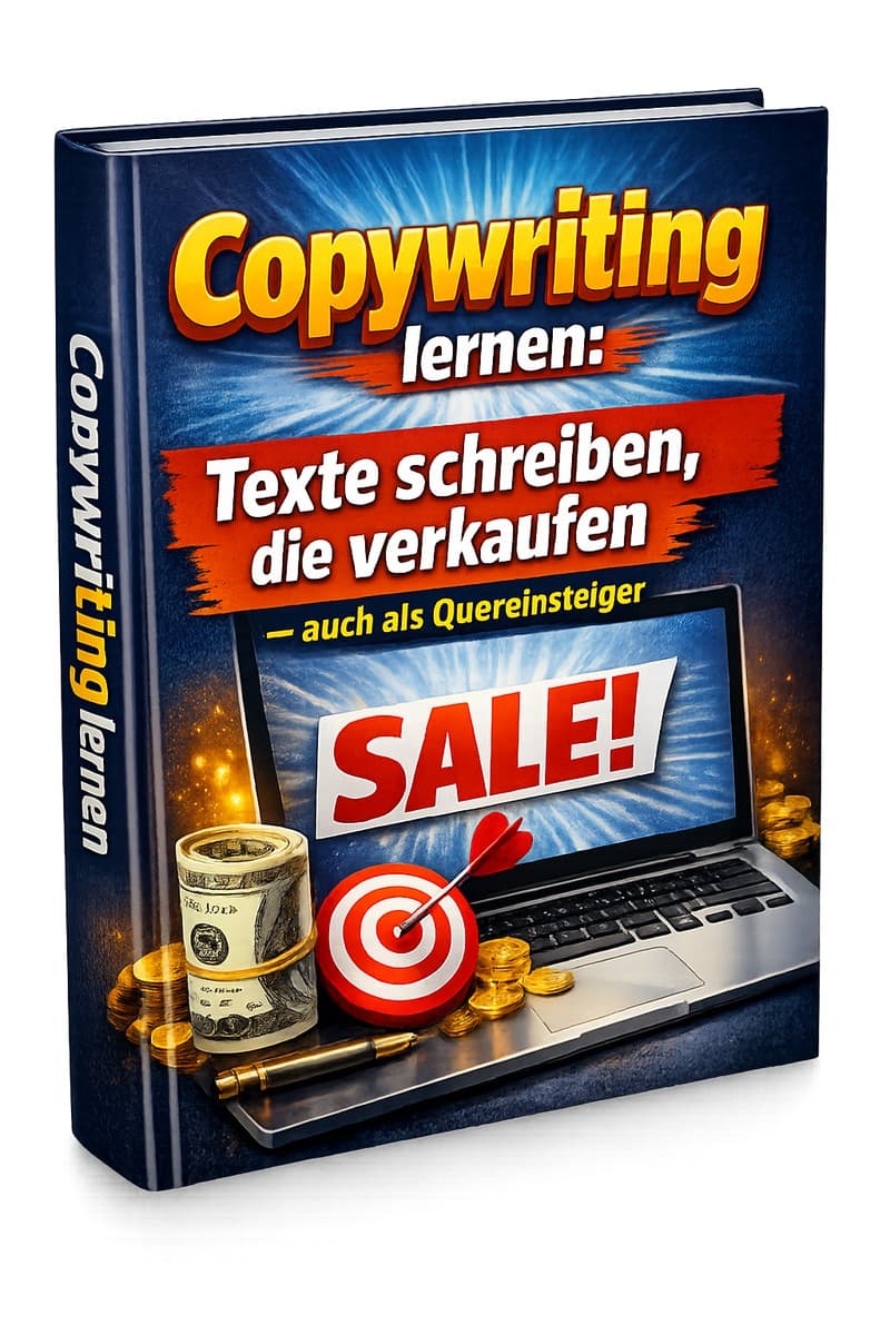 Cover Copywriting lernen: Blauer Hintergrund mit Laptop-Motiv, SALE-Button, Geldschein und Zielscheibe
