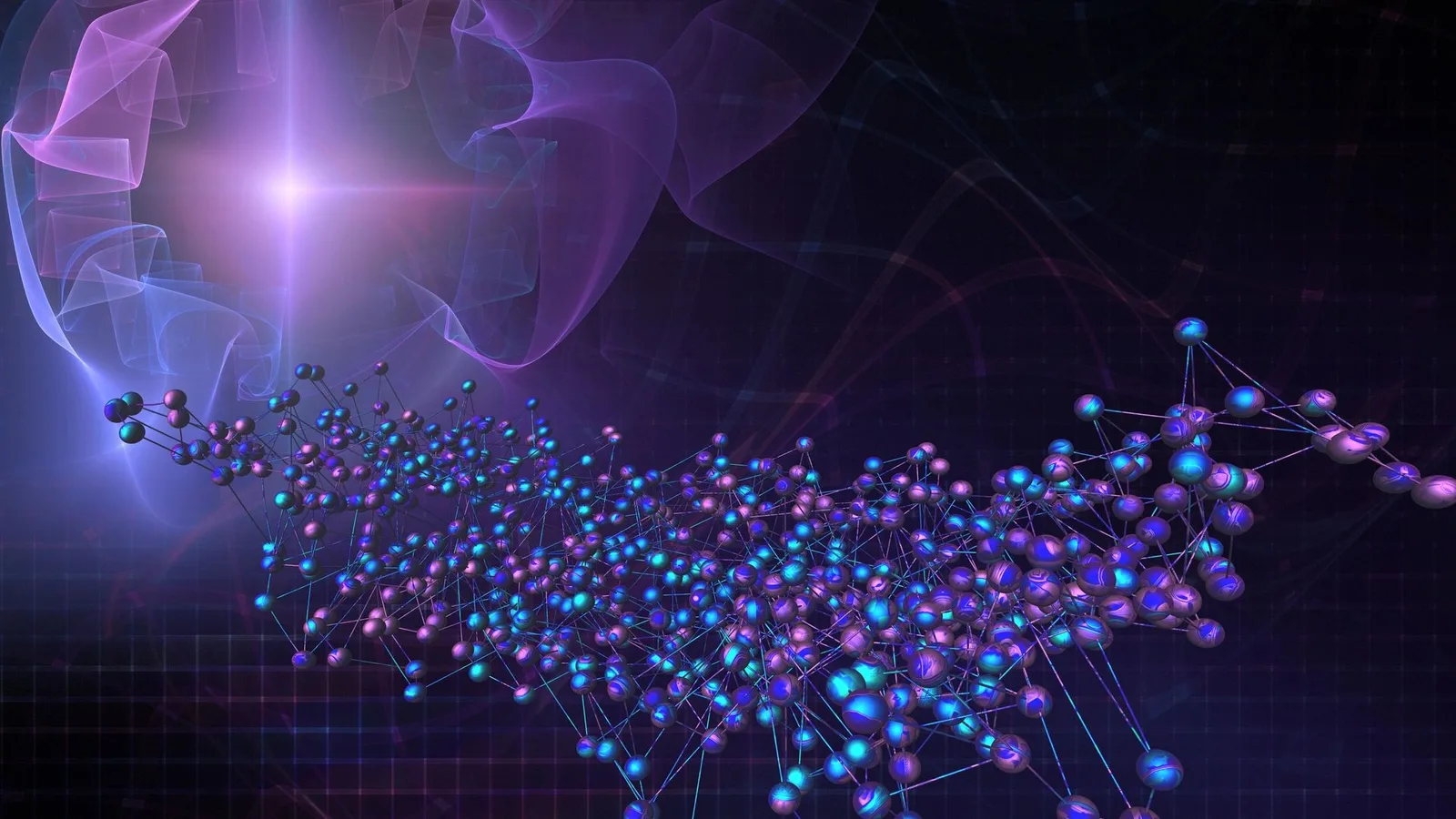 Abstrakte 3D-Visualisierung von vernetzten leuchtenden Partikeln in Blau und Lila auf dunklem Hintergrund