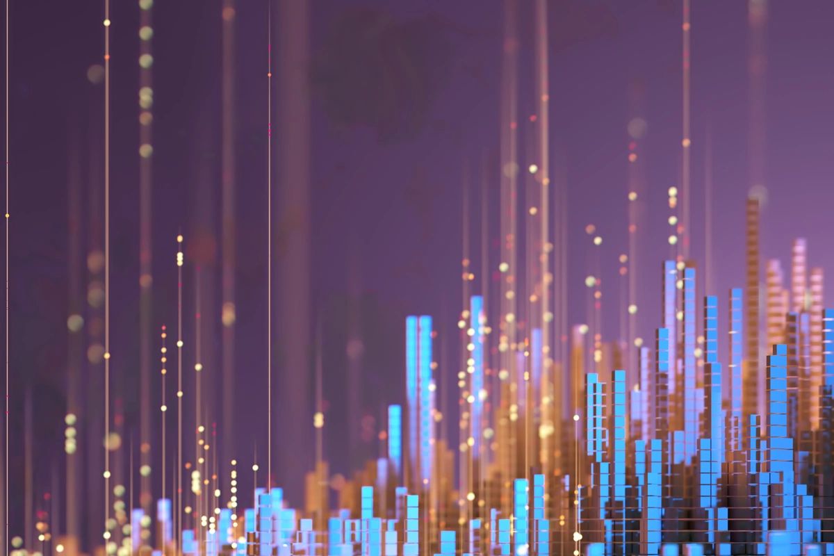 Abstrakte digitale Datenvisualisierung mit leuchtenden Balken und Partikeln in Blau und Violett