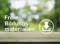 Grüner Naturhintergrund mit Download-Symbol und Text zu kostenlosen Bildungsmaterialien