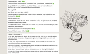 Handskizze einer Pflanze in Topf mit Text Creating a life of magic und deutsche Testimonial-Auszüge zum Kurs