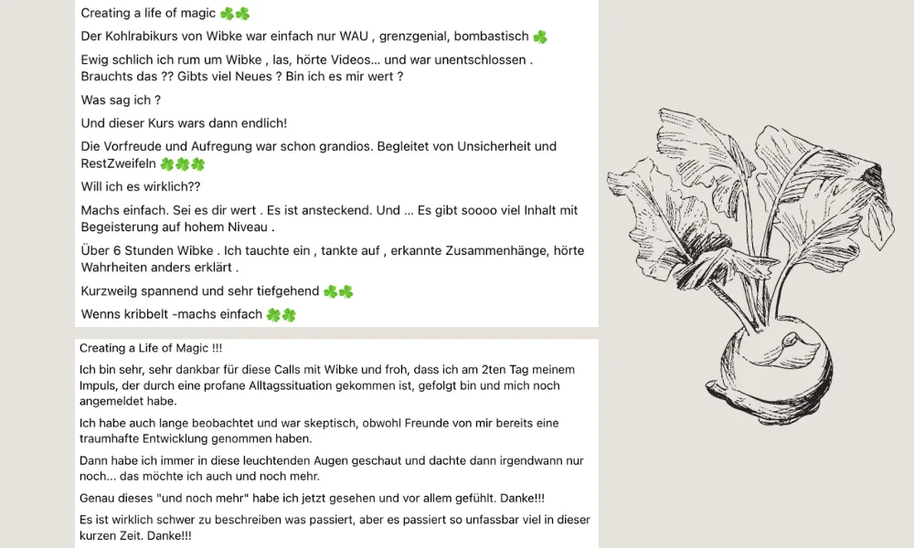 Handskizze einer Pflanze in Topf mit Text Creating a life of magic und deutsche Testimonial-Auszüge zum Kurs