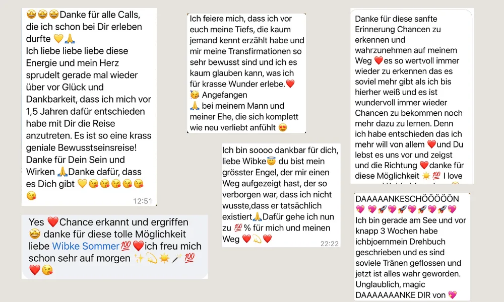 Drei Kundenbewertungen nebeneinander mit dankenden Nachrichten und Emojis zum Kurs