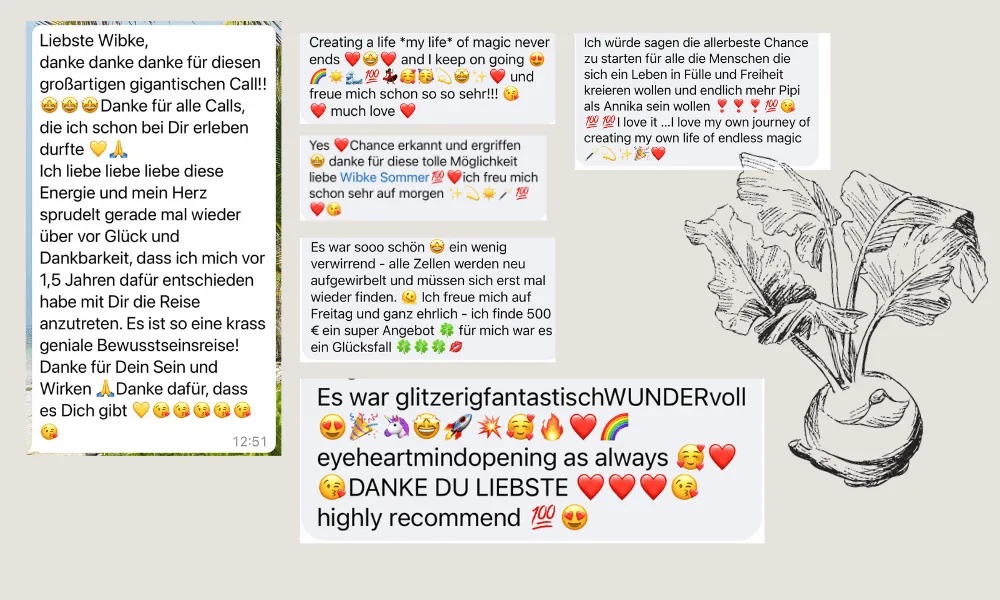 Zwei Kundenbewertungen und Newsletter-Ausschnitt mit Dankesnachrichten und Pflanzengrafik
