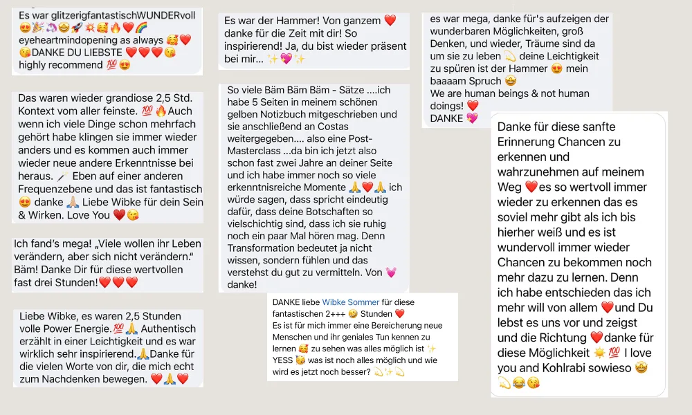 Großformatige Kundenbewertungen mit positiven Aussagen zum Kurs und Autorin Wibke Sommer