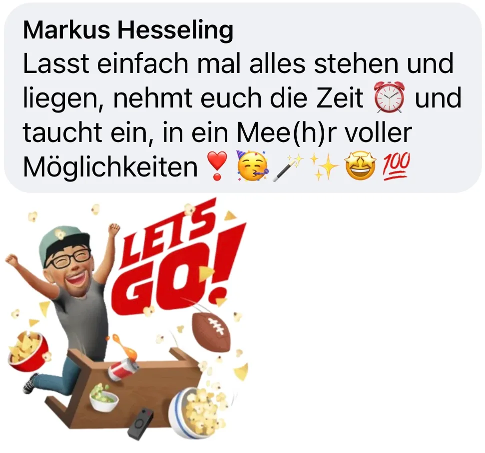 Kundenbewertung von Markus Hesseling mit humorvoller Aufforderung zum Relaxen, Comic-Grafik