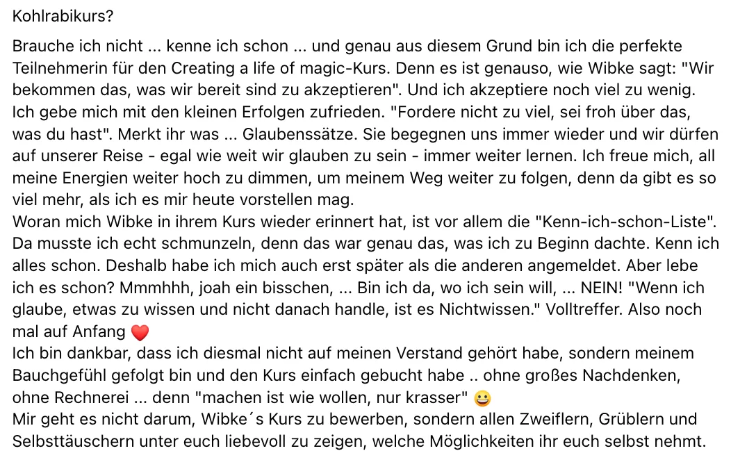 Langtext-Testimonial einer Kurse-Teilnehmerin über Kohlrabikurs und persönliche Entwicklung