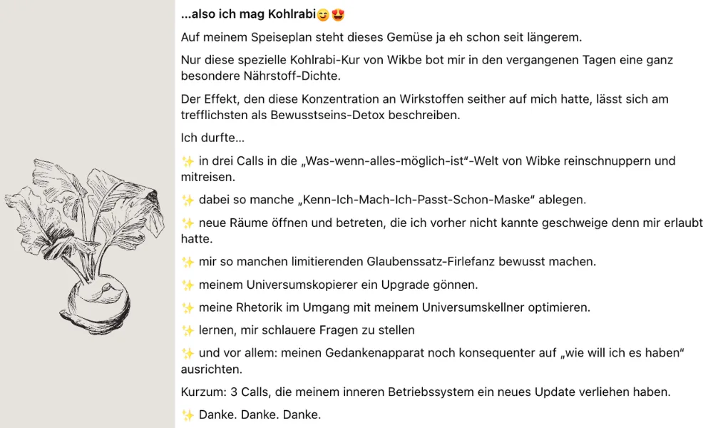 Kundenbewertung auf Deutsch mit Kohlrabi-Anekdote und Effekten des Kurses, Pflanzengrafik rechts