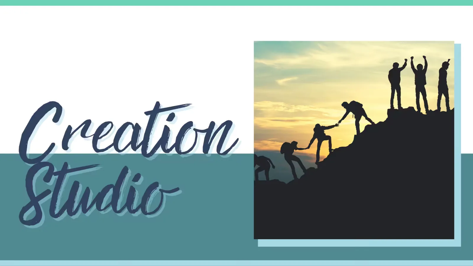 Creation Master Studio – Videokurs für mehr Projektfokus 6 Creation Studio Landingpage mit Silhouetten von Menschen, die sich beim Aufstieg helfen