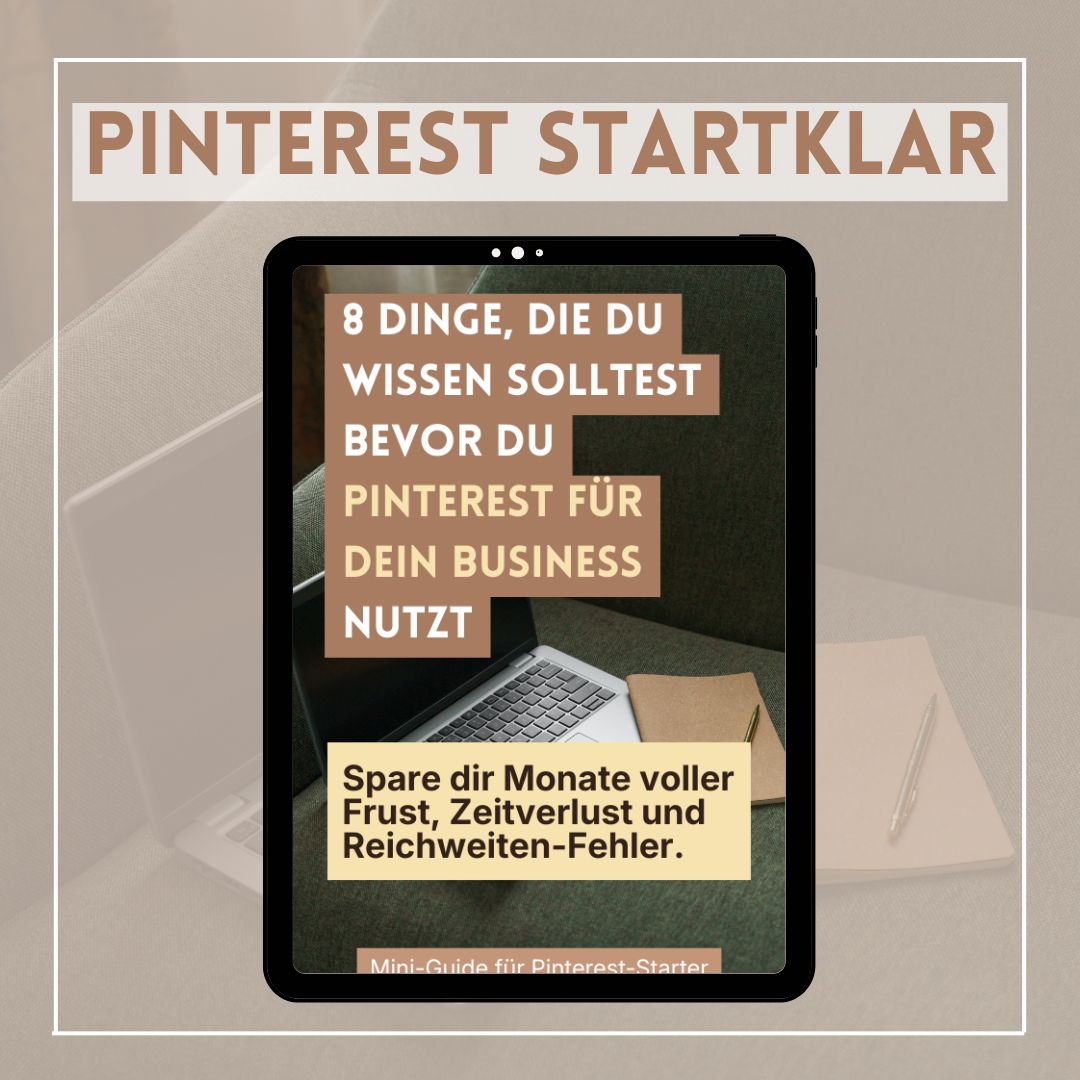 Creator Bundle – Ratgeber zum Schreiben mit KI 5 Pinterest Startklar Guide-Mockup mit 8 Tipps zum Business-Einsatz auf Tablet-Ansicht