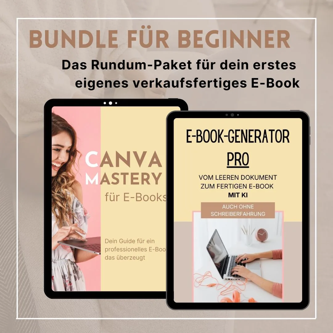 Creator Bundle – Ratgeber zum Schreiben mit KI 3 Quadratisches Produktbild mit zwei E-Book-Covers auf Tablets und Bundle-Beschreibung auf hellem Hintergrund