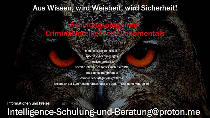 Hero-Banner mit Eule und Kursthemen Criminal Intelligence und OSINT