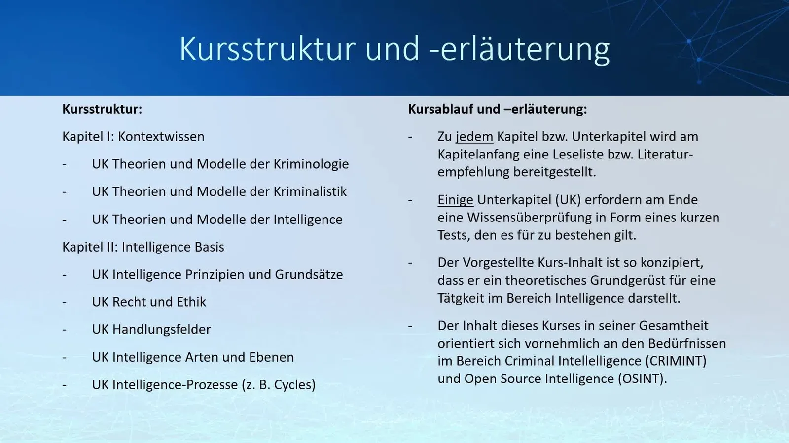 Slide zur Kursstruktur und Erläuterung mit blauem Hintergrund