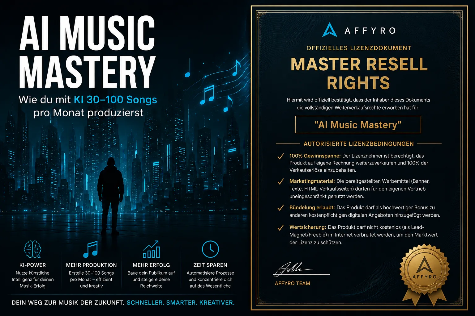 AI Music Mastery Marketing-Material mit nächtlicher Cityscape, KI-Musik-Produktion und offiziellem AFFYRO-Lizenzdokument