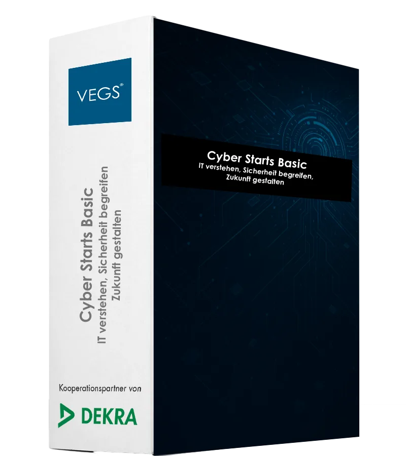 Produktbox CyberStart Basic von VEGS mit DEKRA-Logo, Cybersicherheit-Kurs für IT-Anfänger