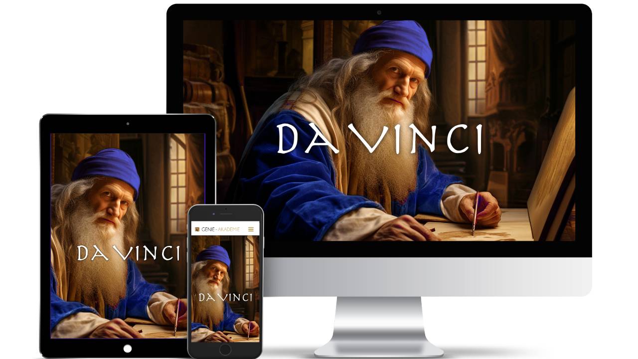 Da Vinci Master – Videokurs für Schnelllesen von Maxim Mankevich 1 Da Vinci Master Kurs Hero-Image mit Renaissance-Gelehrtem auf verschiedenen Geräten