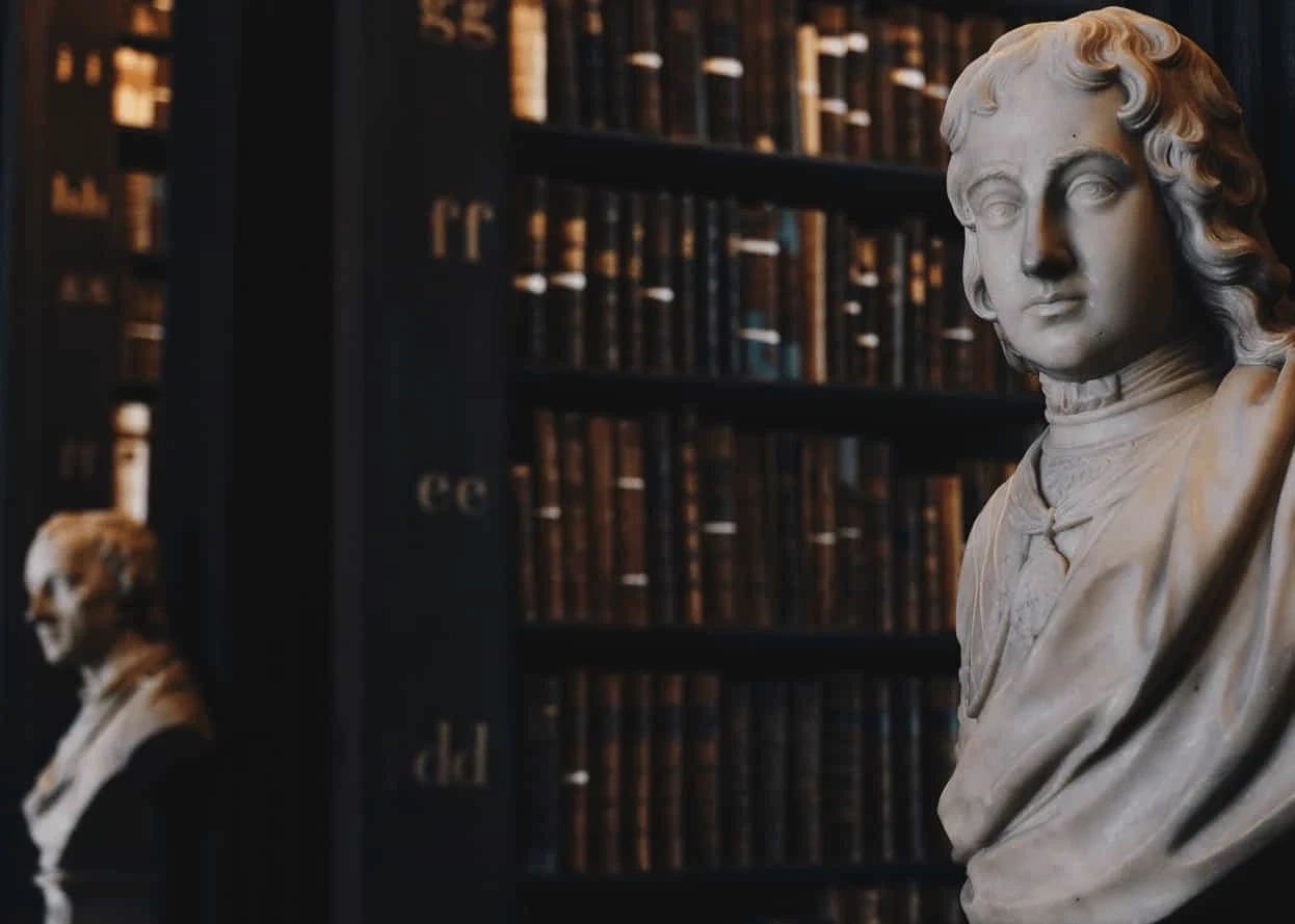 Da Vinci Master – Videokurs für Schnelllesen von Maxim Mankevich 3 Marmorbüste in Bibliothek, Symbolbild für Wissen und Lernumgebung