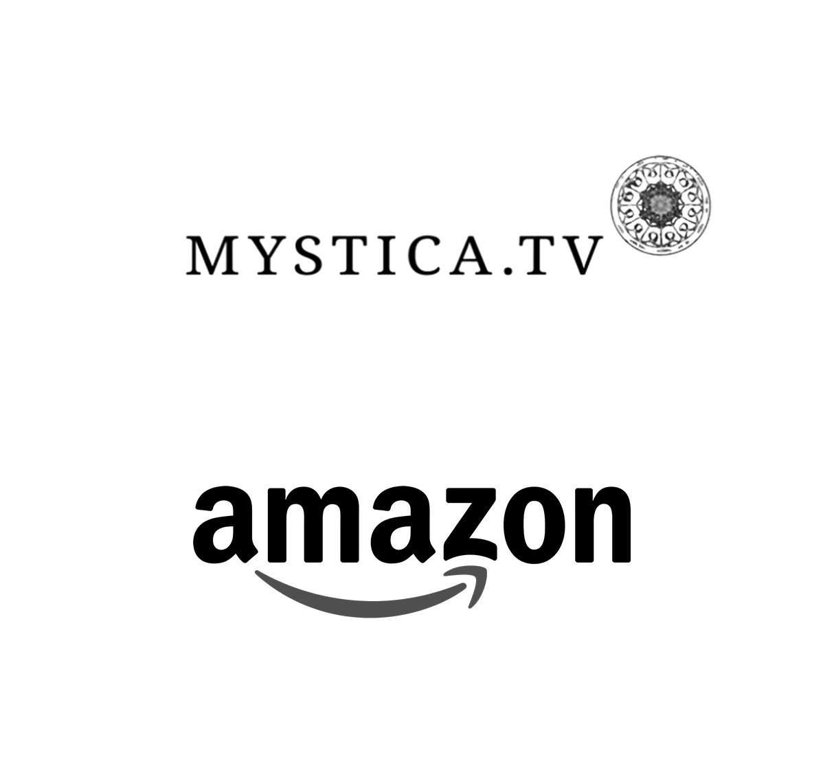 Logos von Mystica.TV und Amazon auf weißem Hintergrund