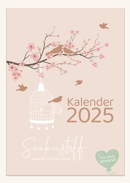 Cover des Daily-Jahreskalenders 2025 mit Blütenast, Vogelkäfig und Vögeln