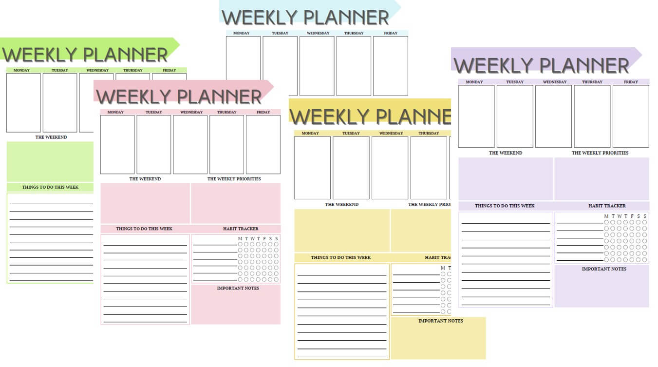 Wochenplaner PDF Vorlagen in 5 Farbvarianten mit grün, rosa, gelb, blau und lila Designs