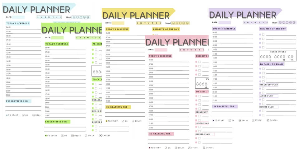 Daily Planner Vorlagen in 5 Farben nebeneinander mit farbig markierten Bereichen für verschiedene Planungsfunktionen