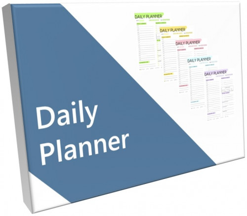 Daily Planner PDF-Vorlage als 3D-Box-Mockup mit mehreren Vorlagen-Beispielen
