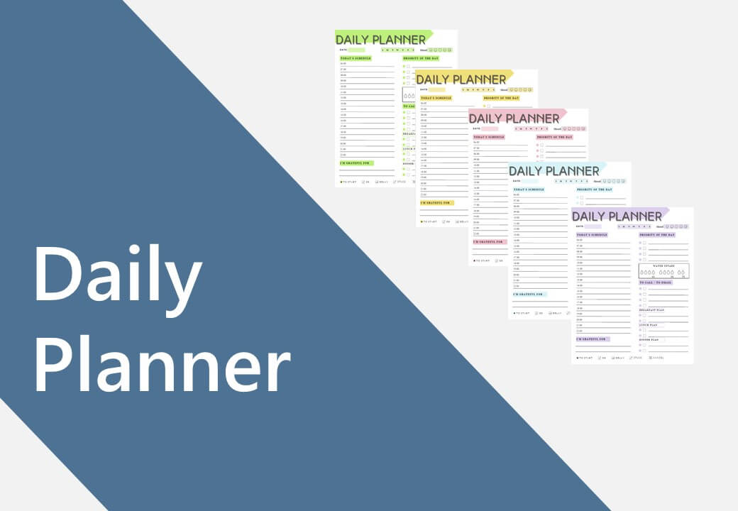 Daily Planner PDF-Vorlage mit fünf verschiedenen Farbdesigns nebeneinander angeordnet