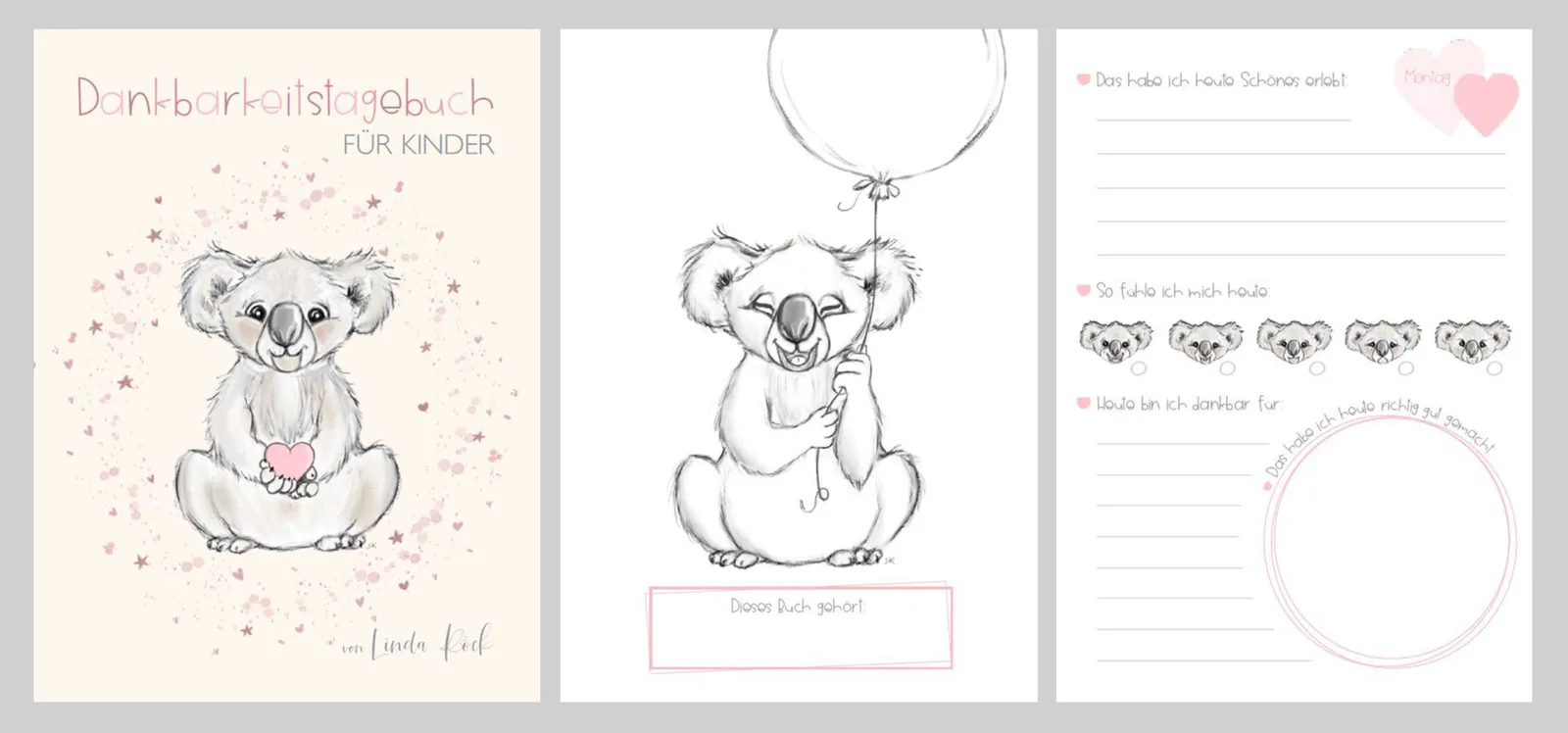 Drei Seiten des Dankbarkeitstagebuchs mit rosa Koala, Cover und Innenseiten