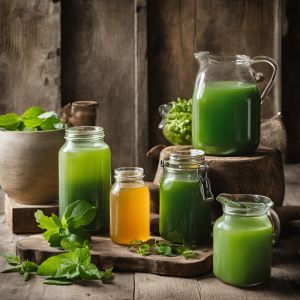 Verschiedene grüne und gelbe Detox-Säfte in Flaschen und Gläsern